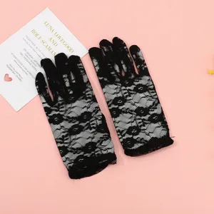Mujeres guantes de encaje negro corto red patrón floral primavera verano ropa de fiesta