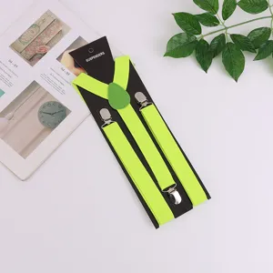 Neon green elastic suspenders for men and women, solid color three clip design for secure daily wear.
