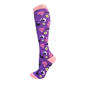 Calcetines de compresión morados de Halloween con calaveras y gatos negros, calcetín deportivo