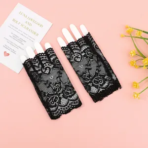Guantes de encaje negro sin dedos vista de detalle, guantes de moda de malla floral corta.