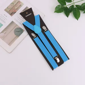 Adult solid blue elastic suspenders with metal clips, comfortable 3-clip braces for daily wear.