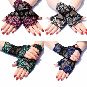 Guantes Cortos de Encaje para Mujer Guantes de Malla Floral Medios Dedos Dedos Completos Vintage Elegantes Fiesta Verano