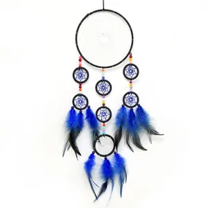 Handmade black dream catcher wall hanging decor with blue feathers and colorful beads.