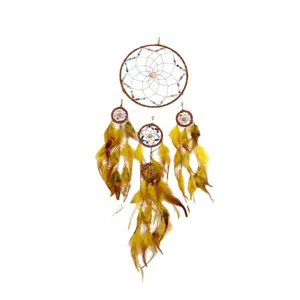 Handmade feather dream catcher with five rings and colorful beads, home wall hanging decor.
