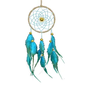 Handmade blue dream catcher wall hanging ornament with fluffy feathers for home bedroom decor gift.