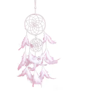 Pink double ring dream catcher feather wind chime car hanging ornament bedroom decor gift
