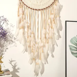 Bohemian handmade feather dream catcher wall hanging decor with wooden beads for room.