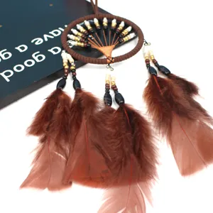 Handmade tree of life dreamcatcher pendant with brown feathers for home wall hanging decoration gift