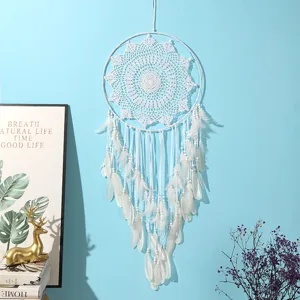 Large white dream catcher with feathers and beads wall hanging bohemian style home decor craft