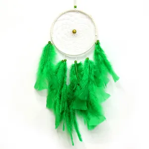 Handmade green feather dreamcatcher detail view, bohemian wall hanging decor ornament.