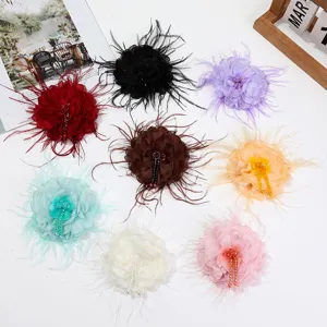 Colorful 3D feather flower rhinestone beaded brooch DIY clothing accessories craft wholesale
