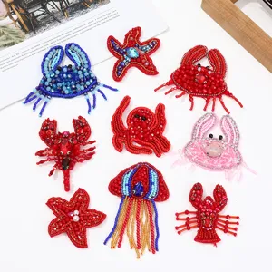 Handgemachte Perlen Meereslebewesen Aufnäher Kristallperlen Strass Krabbe Seestern Oktopus Applikation Für Kleidung DIY Zubehör