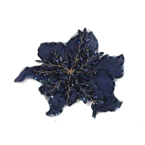 Close-up detail of dark blue floral patch, showing sequins and crystal bead embroidery.