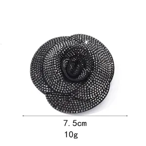 Black rhinestone camellia flower brooch diy apparel bag accessory 7.5cm 10g sparkling chic design