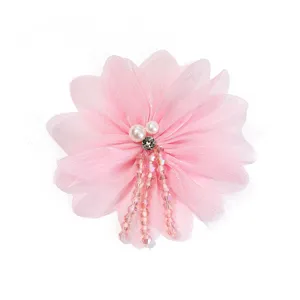 Pink sheer fabric flower brooch with pearl and crystal bead dangles for DIY apparel decoration.