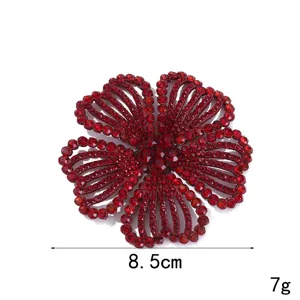 Close-up detail of sparkling red rhinestone flower accessory, brilliant crystal facets.