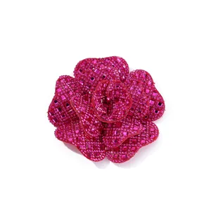 Sparkling hot pink rhinestone flower patch, 3D DIY crystal camellia applique for clothes shoes bags.
