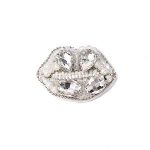 Exquisite rhinestone beaded lip patch DIY clothing accessory detail view, sparkling crystals pearls