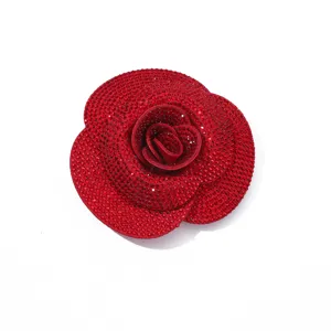 Exquisite red rhinestone camellia flower DIY accessory brooch for clothing and bags decor.