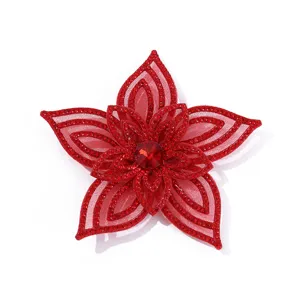 Red rhinestone flower applique, multi-layer mesh DIY craft detail for dress and bag.