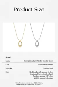 Minimalist titanium steel irregular pendant necklace detail, chain length 54.8cm, gold and silver.