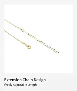 Gold necklace extension chain detail, adjustable length metal snake chain accessory.