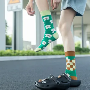 Unisex katoenen sokken met schattig hondjepatroon en ruitjes, stijlvolle casual sokken.