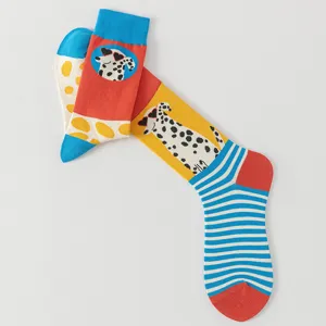 Gedetailleerd uitzicht van asymmetrische dalmatiër jacquard sokken met leuke hart zonnebril.