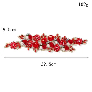 Red 3D floral beaded lace patch for DIY garments, wedding dress, 39.5x9.5cm, 102g.