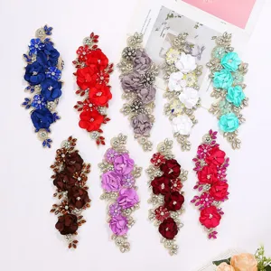 Colorful 3D flower embroidery patches with rhinestones for clothing, dress and DIY sewing.