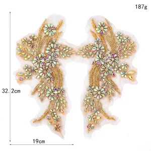Handgemaakte strass kant applicatie paar gouden kralen bloemen patch voor DIY jurk