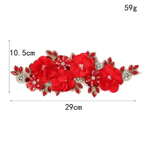 Red floral embroidered patch with rhinestone details, showing detailed dimensions.