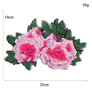 Handmade pink sequin flower patch applique embroidery for DIY clothing 14x23cm