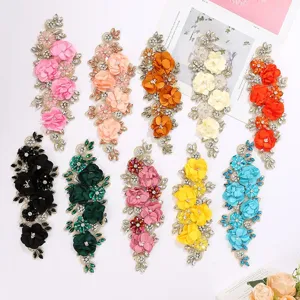 3D Floral Embroidery Applique Patch Rhinestone Beaded Lace Trim DIY Sewing Clothing Accessories For Wedding Dress Gown