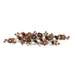 Beaded lace applique with 3D fabric flowers, rhinestone and pearls for DIY dress hat decor.