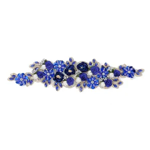 Blue 3D floral beaded lace patch embroidered DIY applique for dress hat wedding decoration