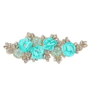 Turquoise 3D floral rhinestone embroidery patch lace trim closeup detail accessory