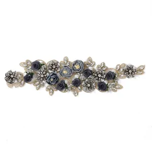 Exquisite 3D beaded flower lace patch with gray fabric roses and sparkling rhinestones.