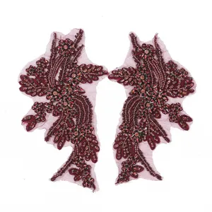 Handgemaakte kraal kant applicatie paar wijnrode bloem patch voor trouwjurk DIY kleding accessoire