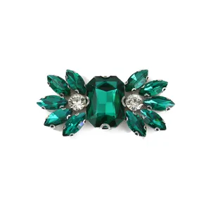 Green crystal rhinestone shoe buckle detail, sparkling glass stones on metal base for DIY fashion.