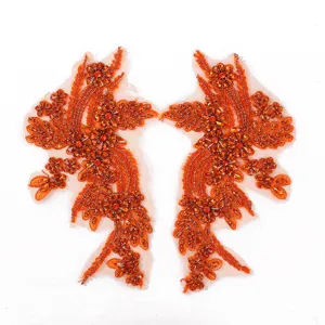 Handgemaakte oranje kraal kant patch applicatie paar voor trouwjurk DIY kleding accessoires.