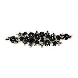 Black 3D floral rhinestone lace applique patch for DIY apparel hat and wedding dress decor
