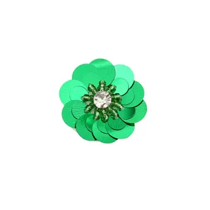 Parche de flor de lentejuelas verdes DIY accesorio de ropa con estrás y cuentas.