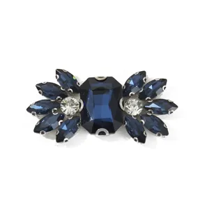Detail of exquisite dark blue rhinestone crystal shoe buckle DIY apparel accessory patch.
