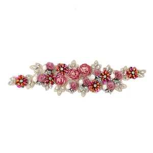 3D flower embroidered lace patch with rhinestones and pearls for wedding dress DIY.