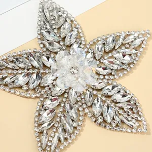 Silver rhinestone flower patch crystal applique close up detail view for DIY crafts apparel.