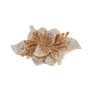 Detailed view of shiny rhinestone flower patch, sparkling crystal shoe accessory appliques.