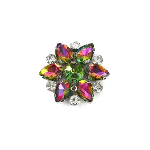 Close-up detail of a colorful crystal rhinestone flower shoe buckle clothing accessory.