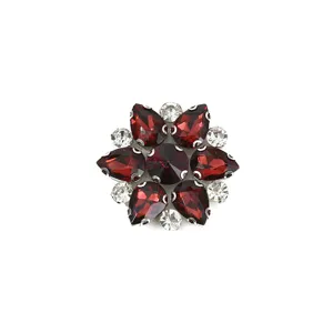 Crystal rhinestone flower shoe buckle detail shot, sparkling red and clear stones for DIY.