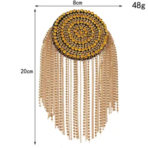 Gold rhinestone fringe shoulder epaulet detail showing 8cm width and 20cm length dimensions.